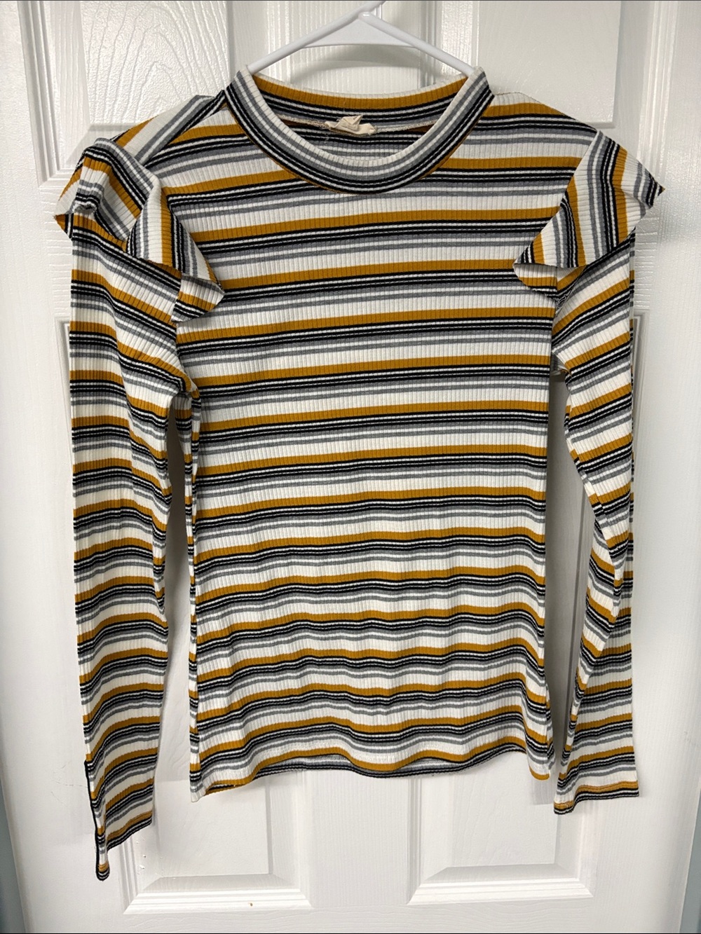 Hem & Thread Mustard, Black & White Striped Ribbed Long-Sleeve Top